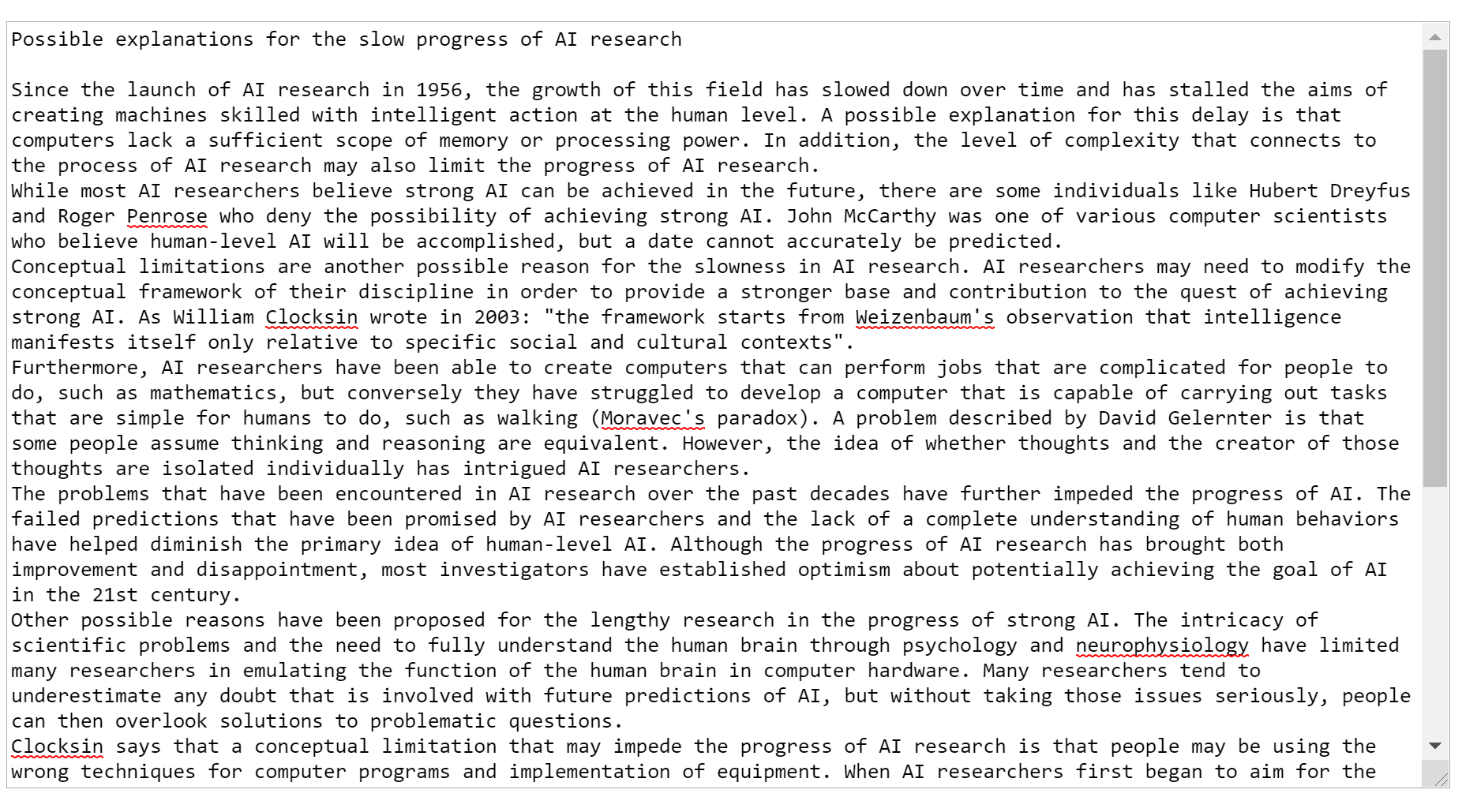 Possible explanations for the slow progress of AI research from Wikipedia